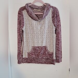 Chance or Fate Maroon and Cream Cowl Neck Crochet Lace Sweater Size Medium